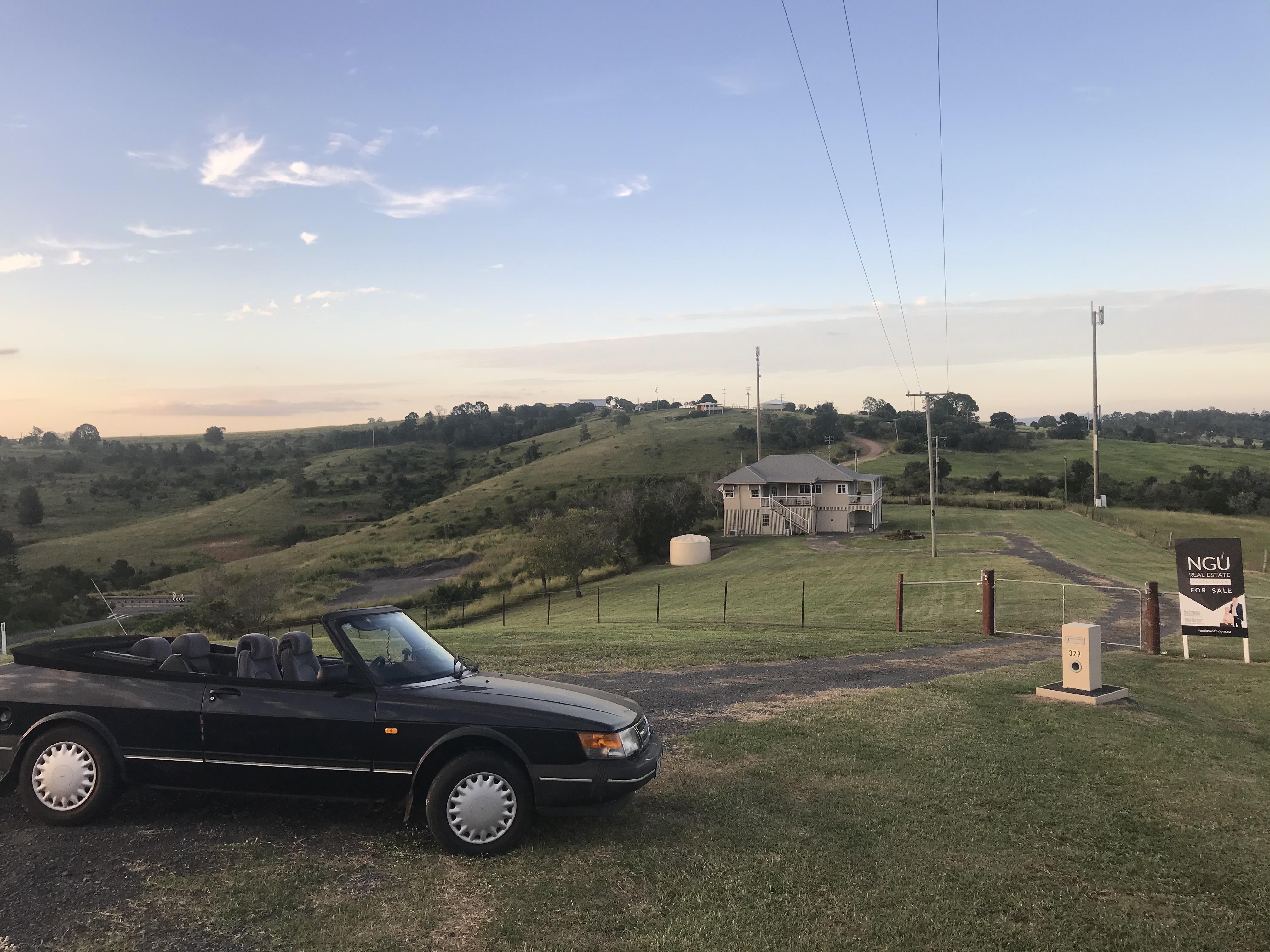 1993 SAAB 900i Cabriolet — roof down at sunset, Queensland